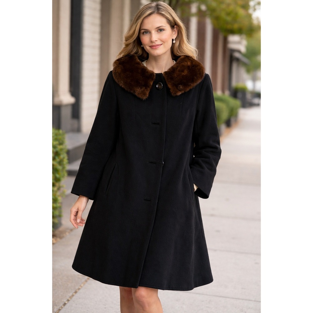 Vintage Swing Hand Tailored 100% Cashmere Coat Mink Fur Collar Black‎ Womens L